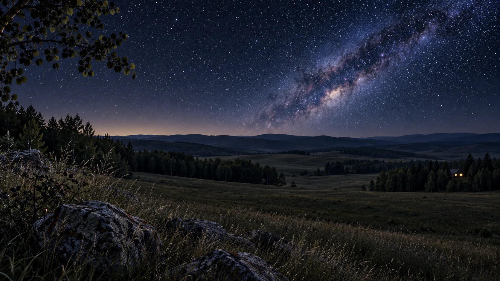Imagined Alberta country landscape at night with close glacial stones and grasses, overlapping meadows and wooded ridges, a tiny warmly lit home and the Milky Way across an indigo sky.