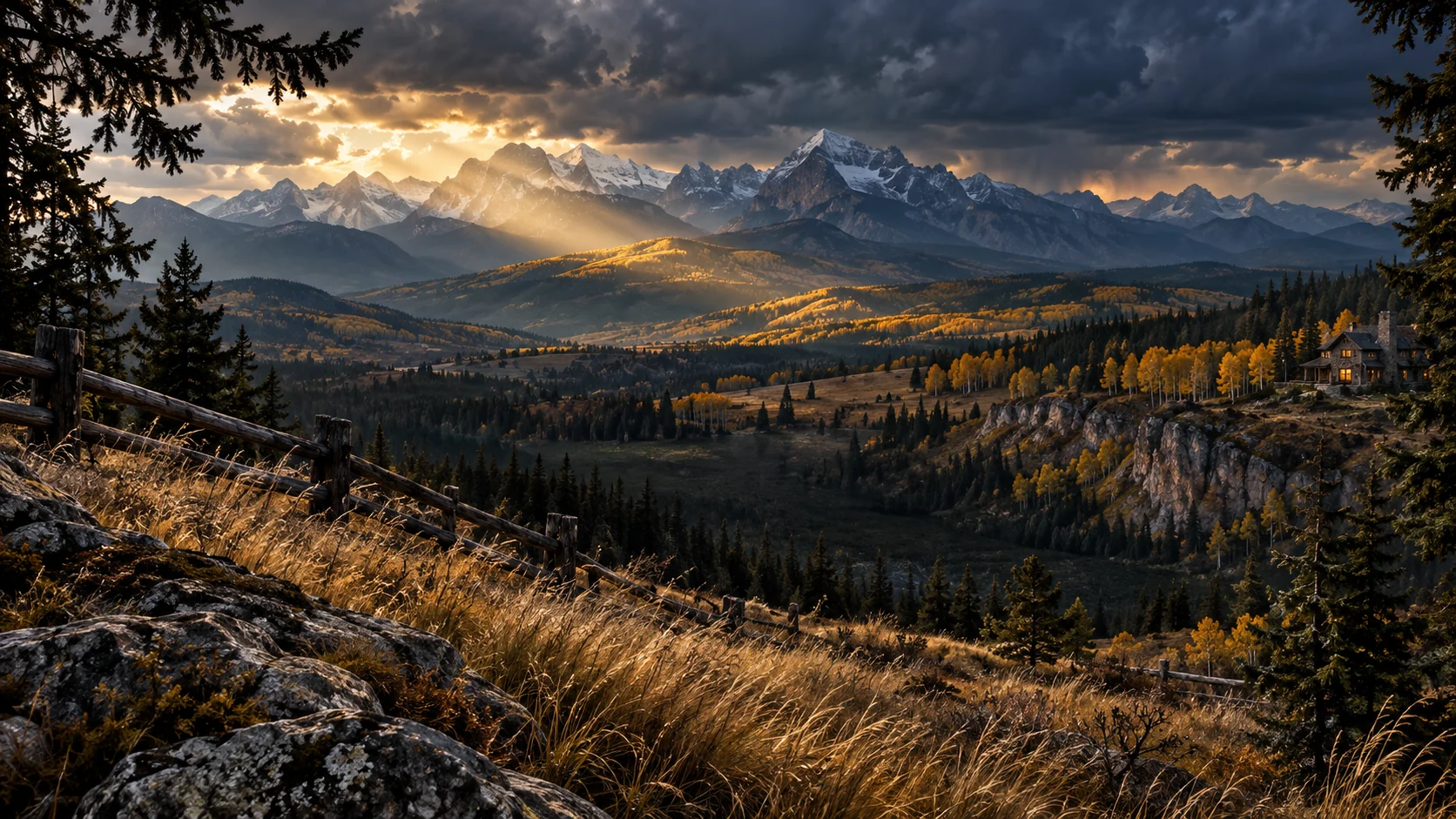 Imagined Alberta foothill landscape with autumn aspen, layered mountain ranges and a small timber country home under storm light