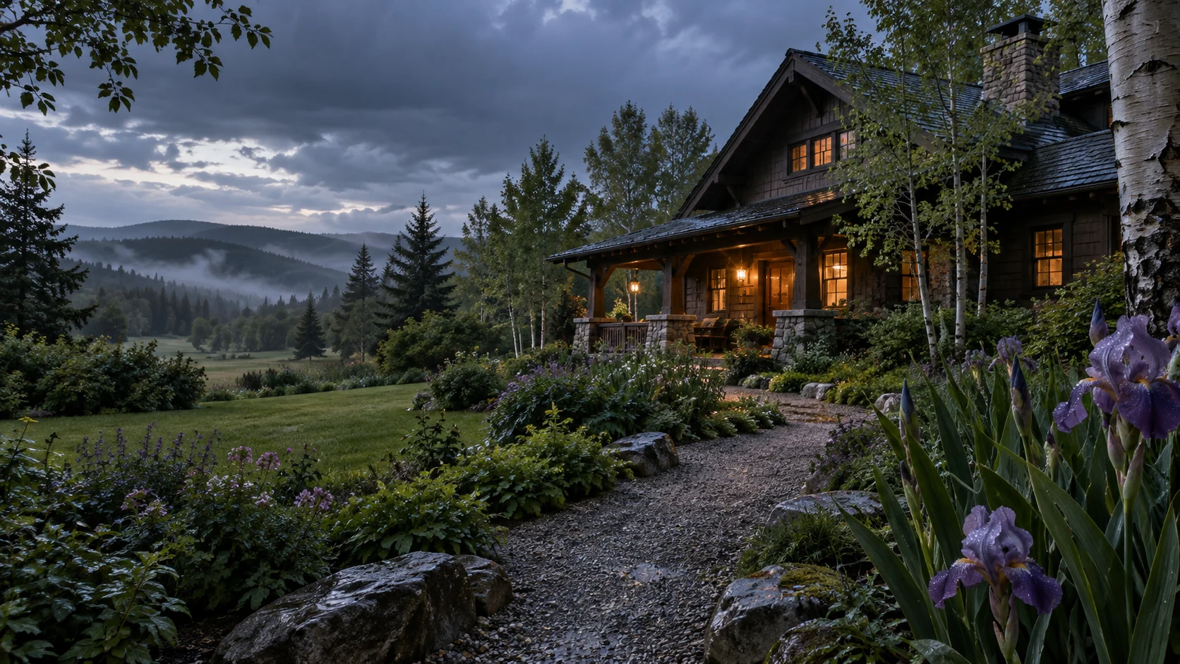 Imagined Arts and Crafts influenced timber and stone home in a wet summer garden, with close violet iris, a gravel path, birch and layered parkland woods beneath rain clouds