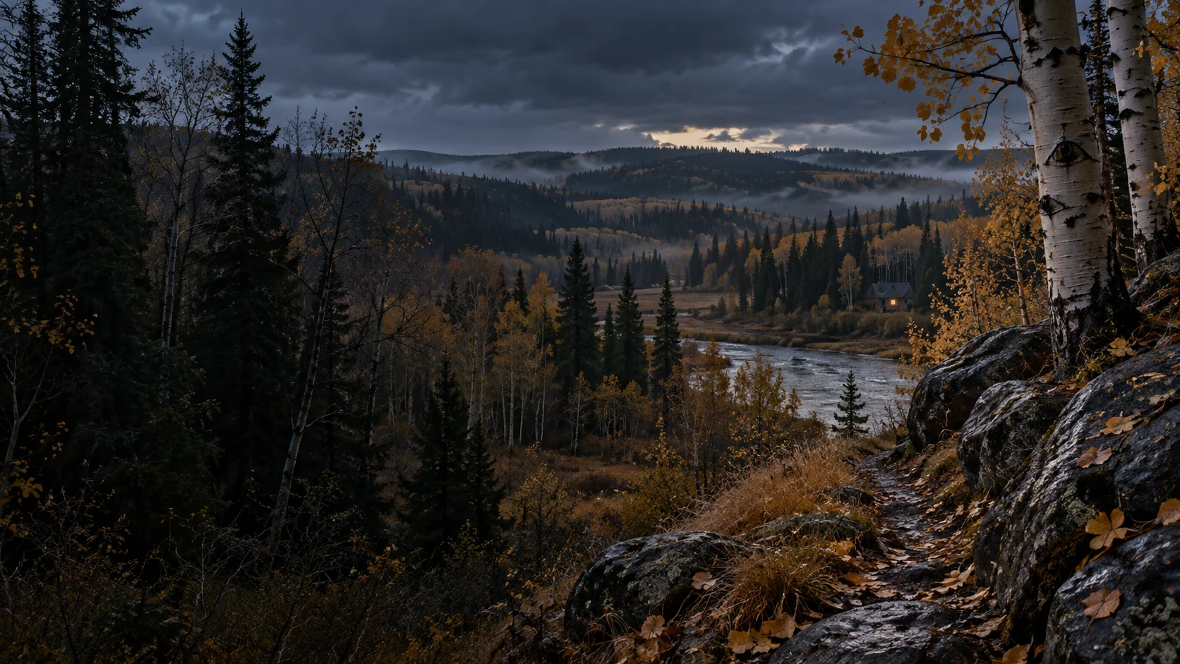 Imagined autumn Alberta river valley with close wet stones, gold leaves and pale aspen trunks, a private bank path, a narrow silver river bend and layered wooded ridges under storm clouds