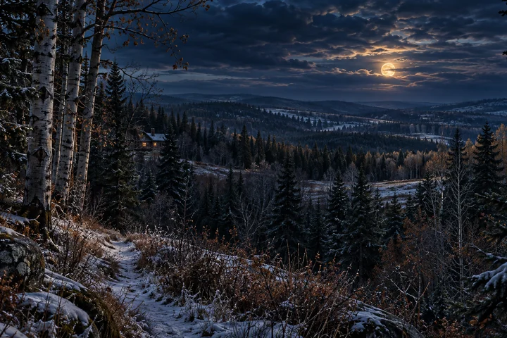 Imagined Beaver Hills winter woodland with close aspen and spruce, a narrow snowy path, low wooded ridges and a small warm house beneath a cloud-veiled moon.