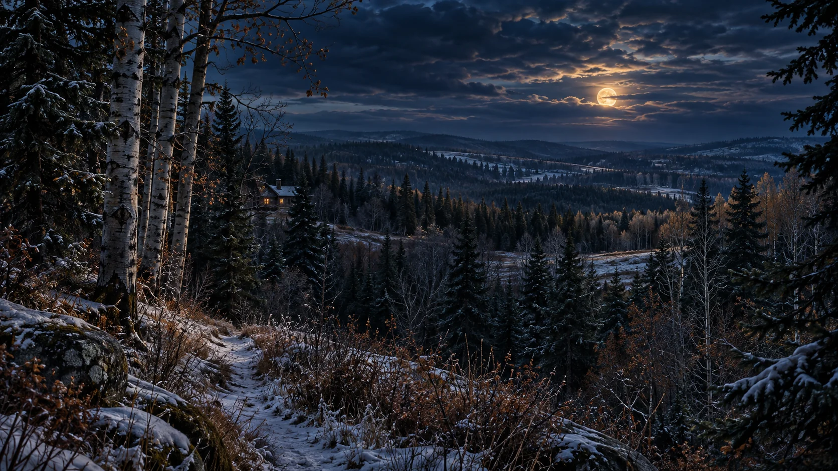 Imagined Beaver Hills winter woodland with close aspen and spruce, a narrow snowy path, low wooded ridges and a small warm house beneath a cloud-veiled moon.