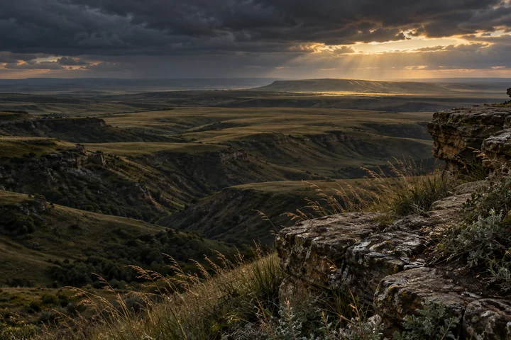 Imagined southern Alberta prairie with weathered sandstone and grasses close to the viewer, deep coulees, overlapping ridges and a narrow opening of warm light beneath a charcoal sky.