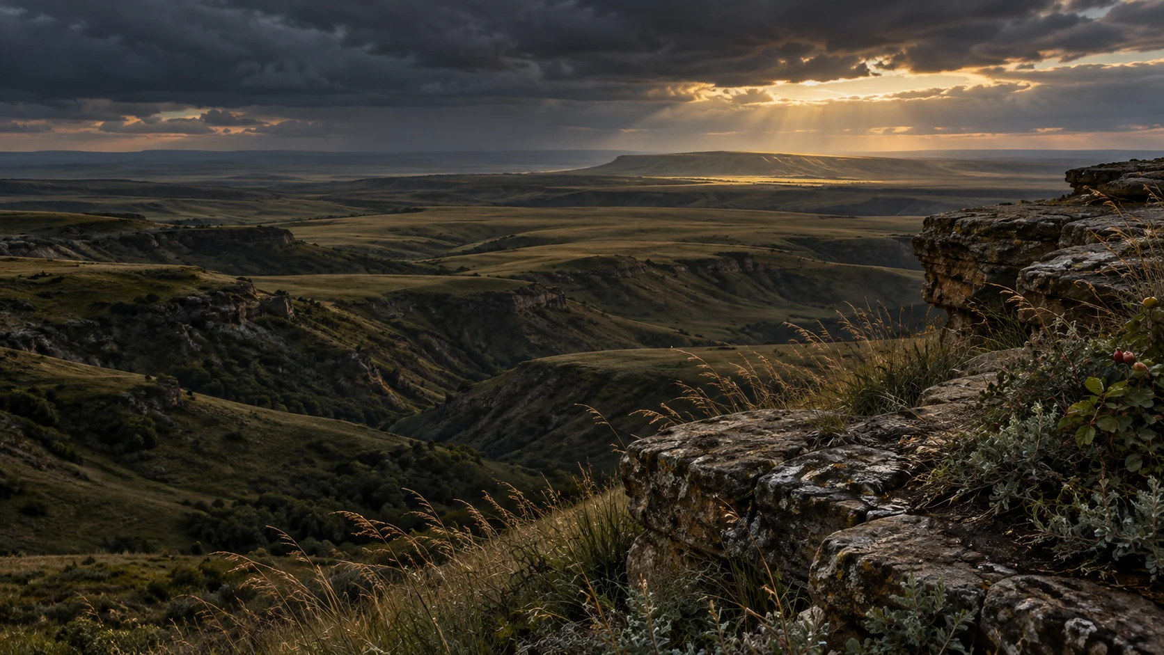 Imagined southern Alberta prairie with weathered sandstone and grasses close to the viewer, deep coulees, overlapping ridges and a narrow opening of warm light beneath a charcoal sky.
