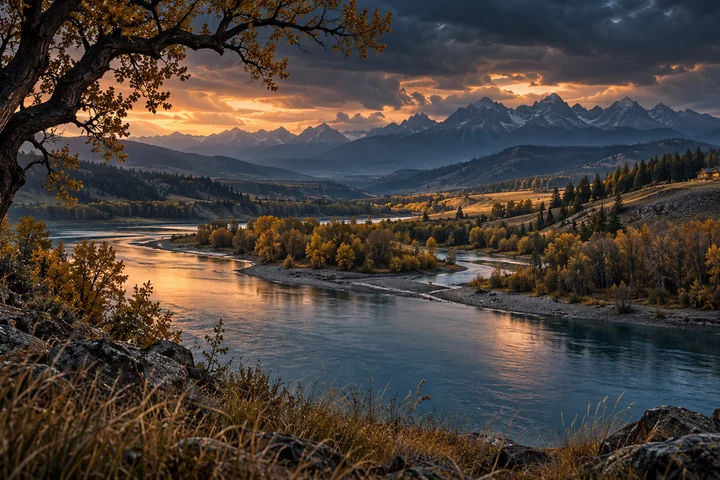 Imagined Bow Valley landscape with close cottonwood branches, a winding river, grass terraces and distant mountains beneath a dark amber-lit sky.