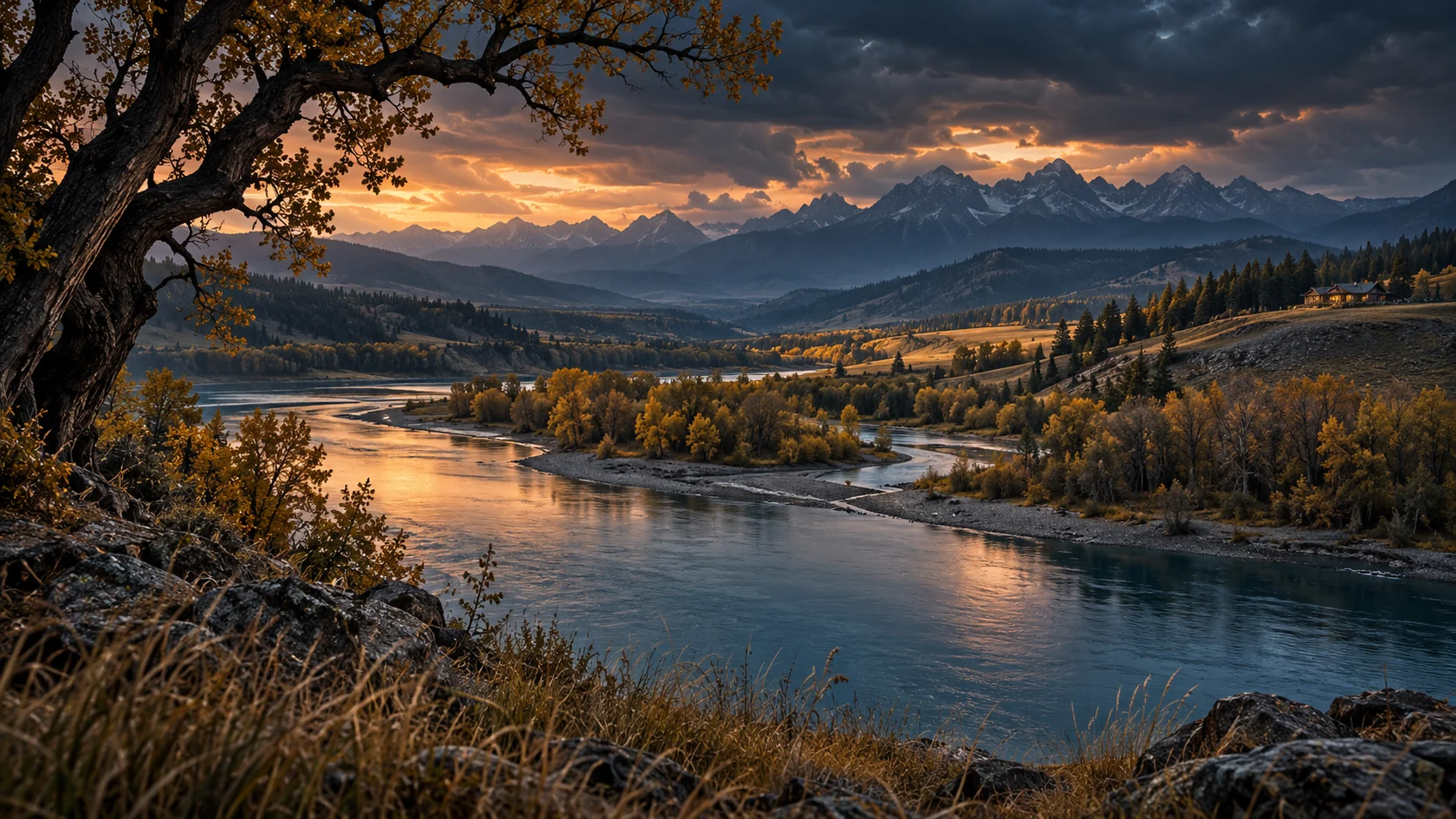 Imagined Bow Valley landscape with close cottonwood branches, a winding river, grass terraces and distant mountains beneath a dark amber-lit sky.