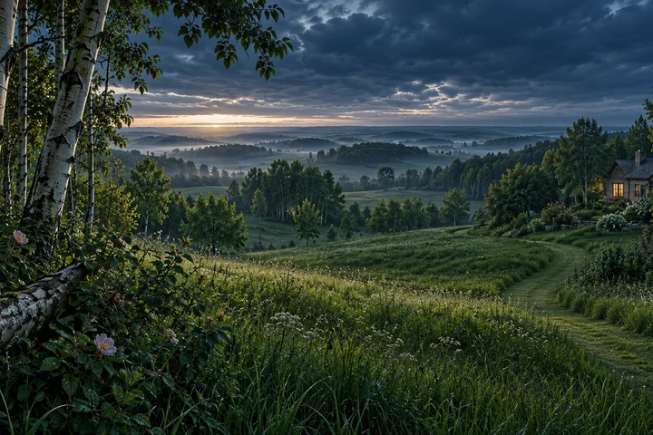Imagined central Alberta parkland at dawn, with close aspen trunks and wild roses, layered meadow openings, wooded hummocks and a small sheltered country home.