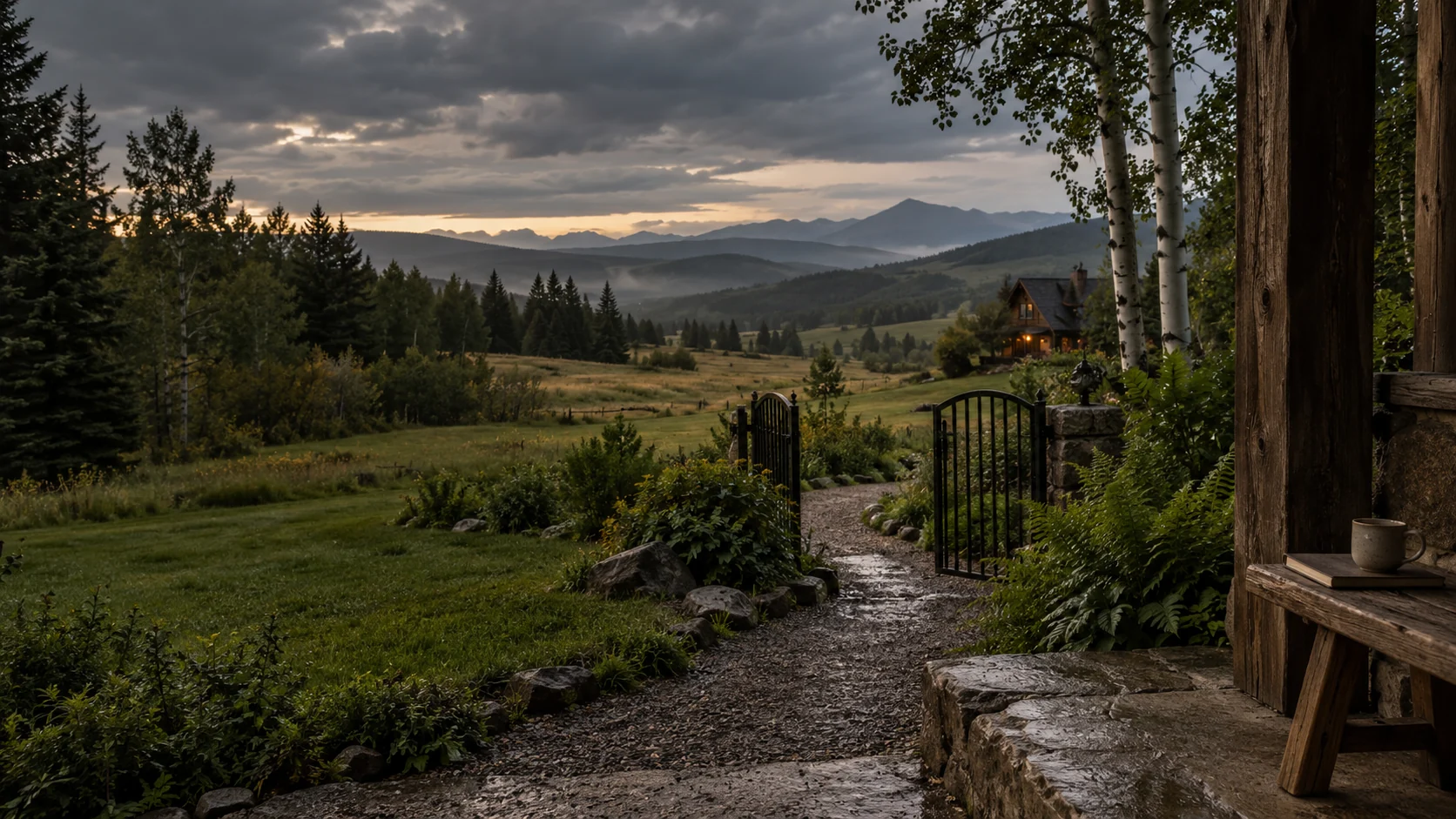 Imagined private Alberta country-home threshold with close cedar post, limestone step, bench and cup, an open garden gate and gravel path, a warm timber home, meadows and receding wooded foothills and mountains