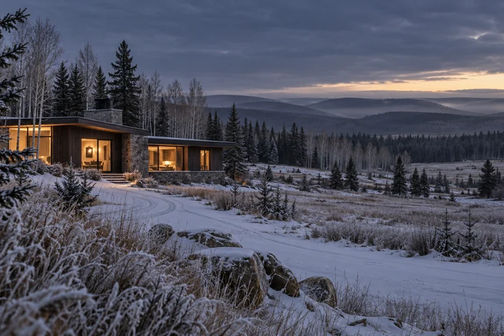 Imagined low cedar and stone contemporary house glowing among frost-coated grass and aspen, with spruce woodland and rounded parkland ridges receding under a winter dusk sky