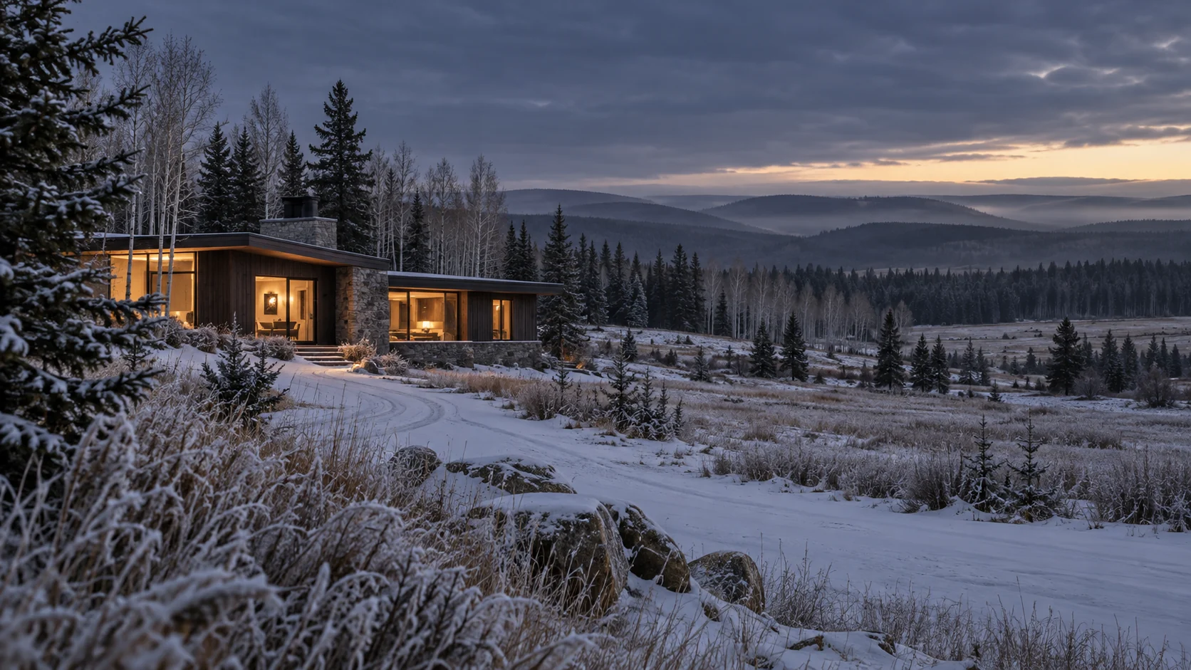 Imagined low cedar and stone contemporary house glowing among frost-coated grass and aspen, with spruce woodland and rounded parkland ridges receding under a winter dusk sky