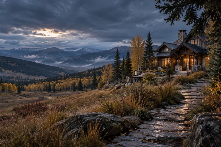 Imagined stone and dark timber country house beside close autumn aspen, with a grass hollow, wooded foothill ridges and distant mountains beneath storm clouds
