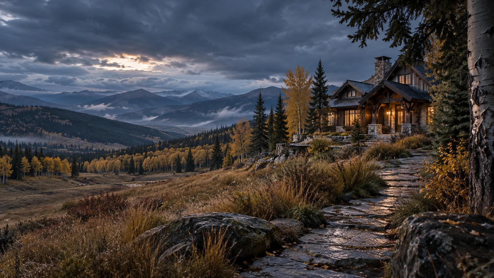 Imagined stone and dark timber country house beside close autumn aspen, with a grass hollow, wooded foothill ridges and distant mountains beneath storm clouds