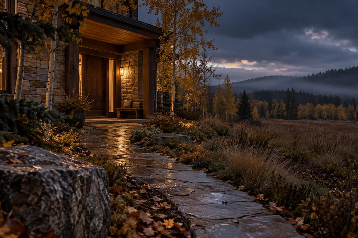 Imagined sheltered timber and stone country entrance beside wet autumn leaves, with a warm doorway, a curving path, golden aspen and distant wooded ridges