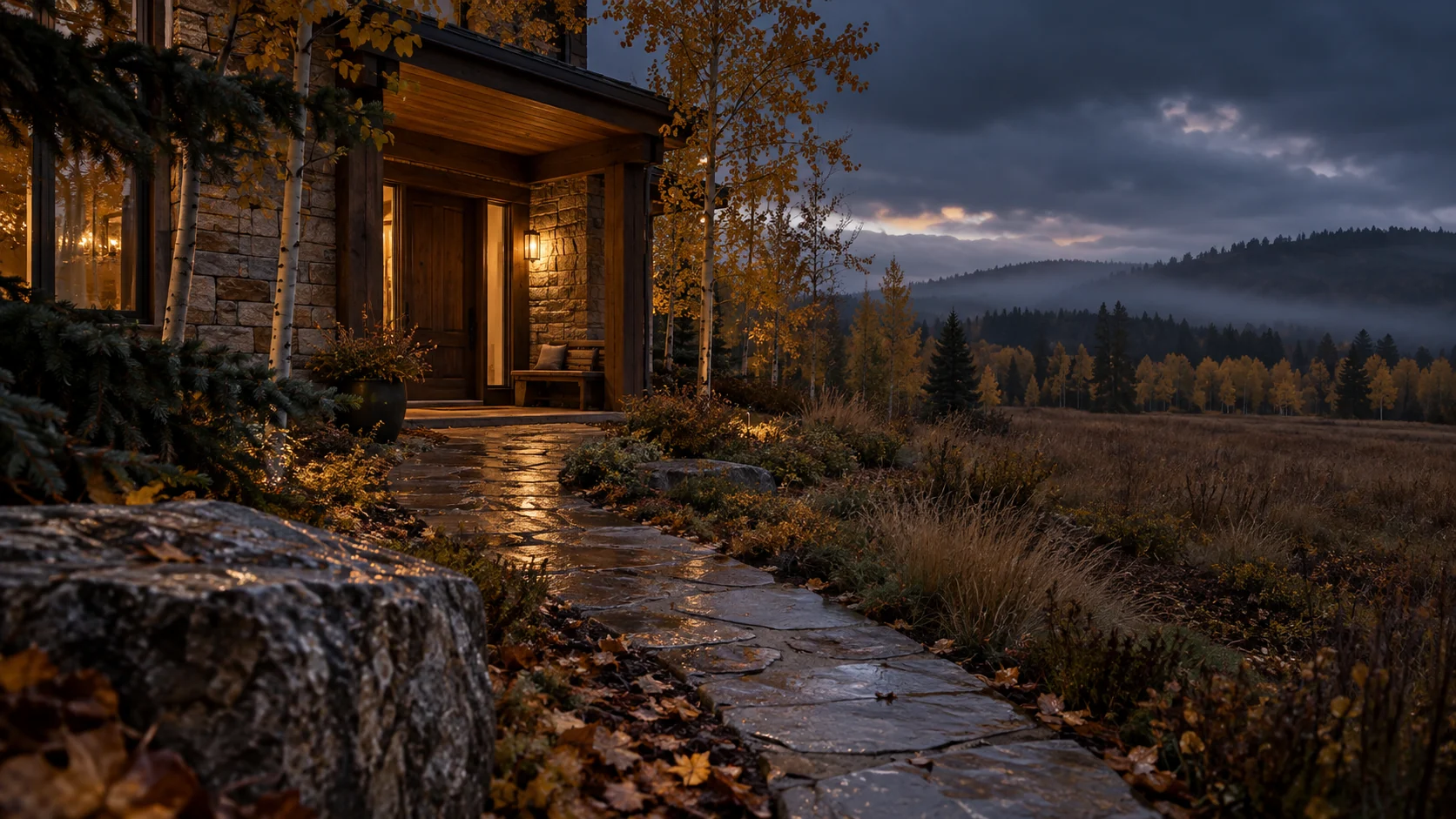 Imagined sheltered timber and stone country entrance beside wet autumn leaves, with a warm doorway, a curving path, golden aspen and distant wooded ridges