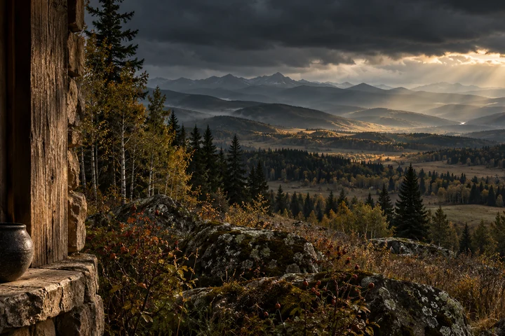 Imagined Alberta artist’s studio edge with aged timber, a dark ceramic vessel and lichen-covered rocks overlooking aspen, deep foothill valleys, distant mountains and a slender glimmer of river beneath storm light.
