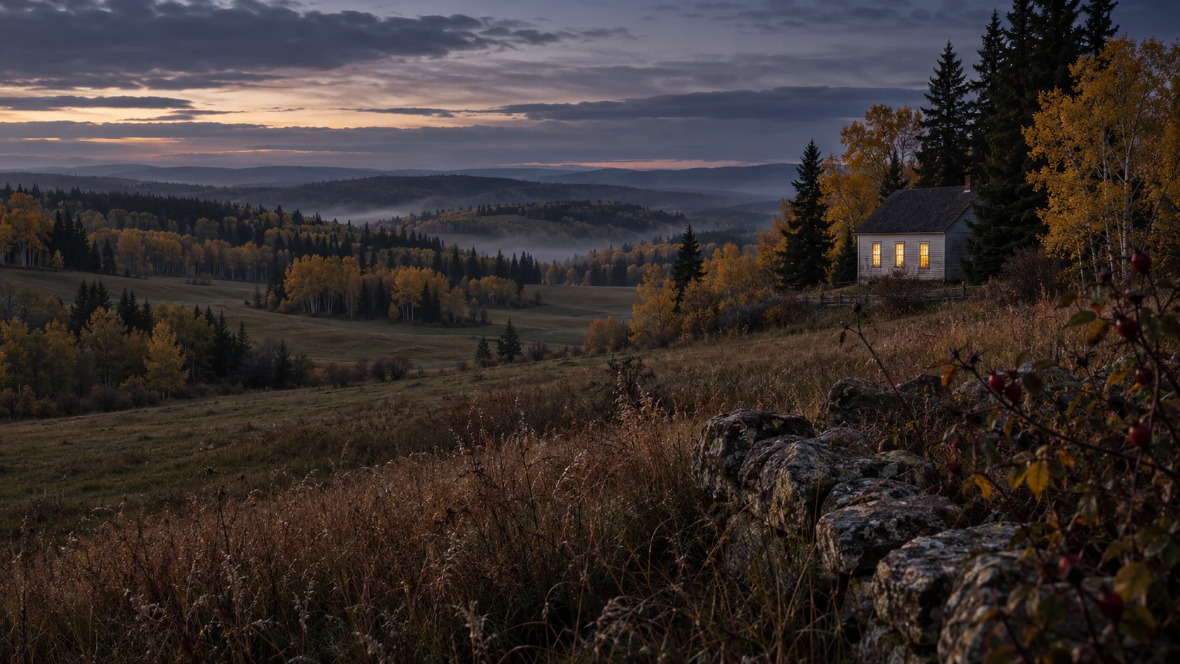 Imagined Alberta parkland at dusk: wild rose hips and fieldstone frame a small warmly lit country hall, autumn aspens and receding wooded ridges.