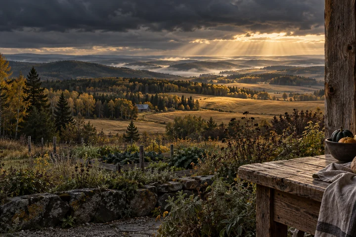 Imagined Alberta parkland home with a close timber-and-stone terrace, linen, bread and a bowl of small squash, a kitchen garden, golden fields and receding wooded ridges under luminous storm clouds.