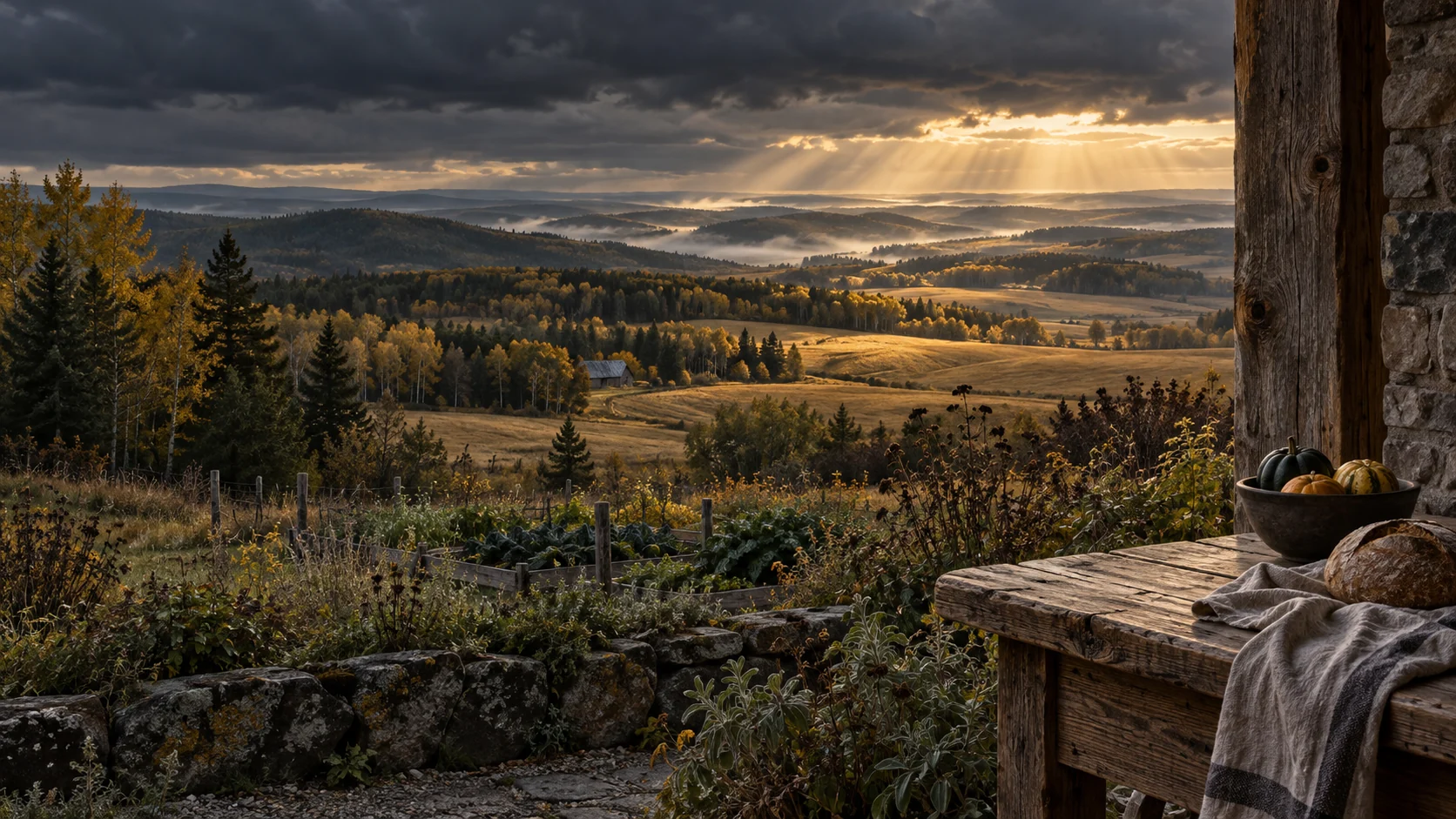 Imagined Alberta parkland home with a close timber-and-stone terrace, linen, bread and a bowl of small squash, a kitchen garden, golden fields and receding wooded ridges under luminous storm clouds.