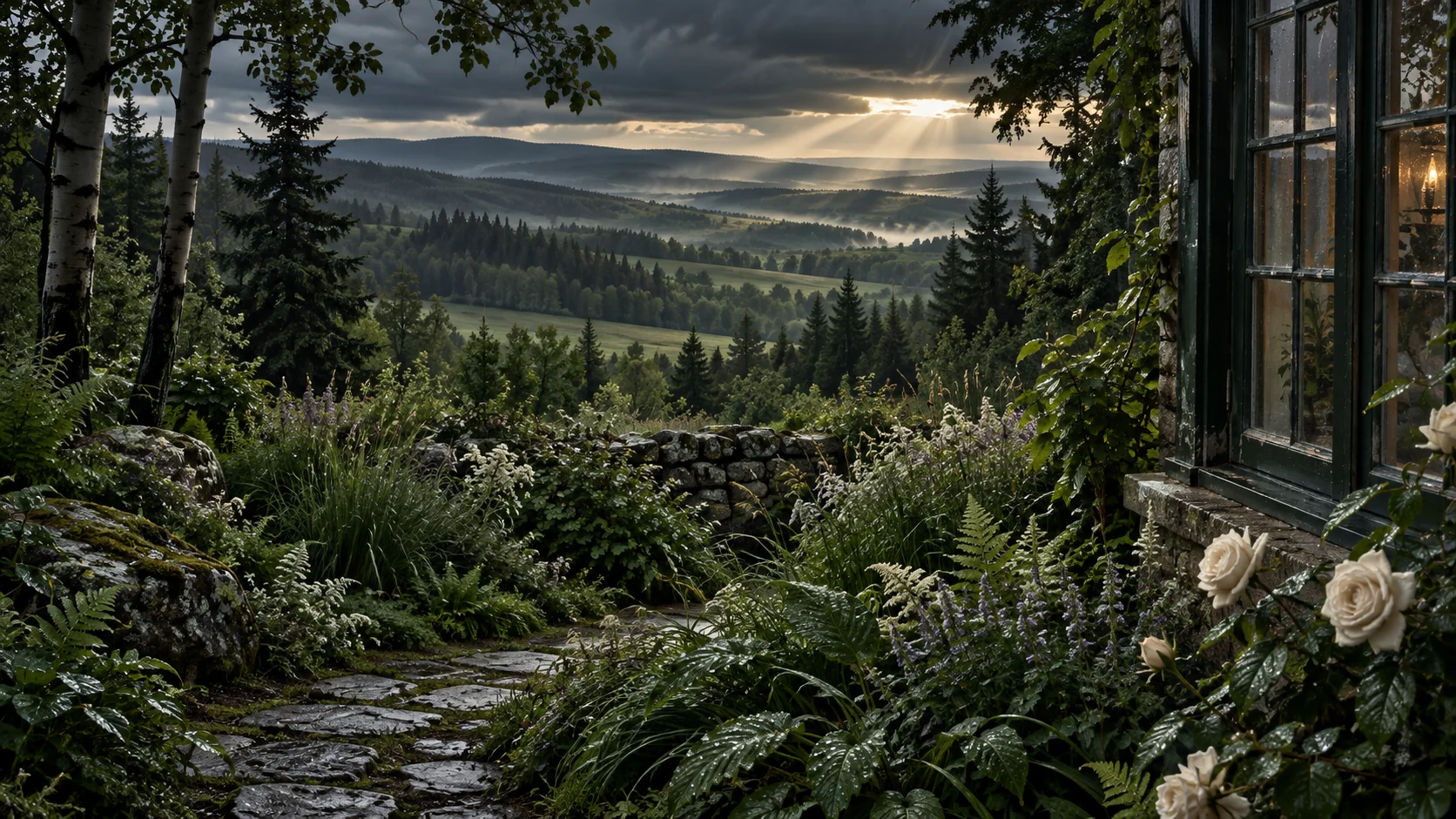 Imagined Alberta summer garden after rain, with a close old glass-and-timber garden room, white flowers, wet foliage and stone, a meadow and layered wooded parkland beneath silver light.