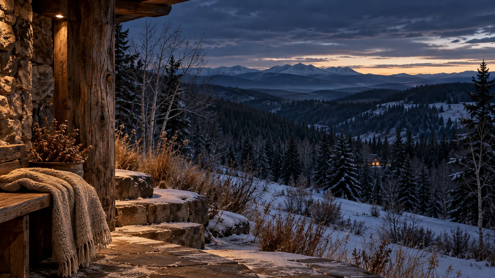 Imagined Alberta winter veranda with close timber, fieldstone and a wool blanket, snowy grasses, a spruce ravine, a small distant lit window and successive foothill ridges at blue hour.