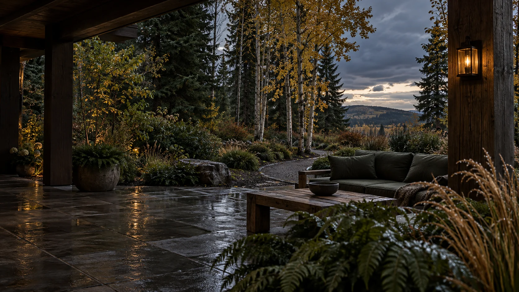 Imagined sheltered timber terrace with an olive sofa, wet stone, close fern and grasses, golden aspen, a garden path and a distant rolling hill beneath storm clouds