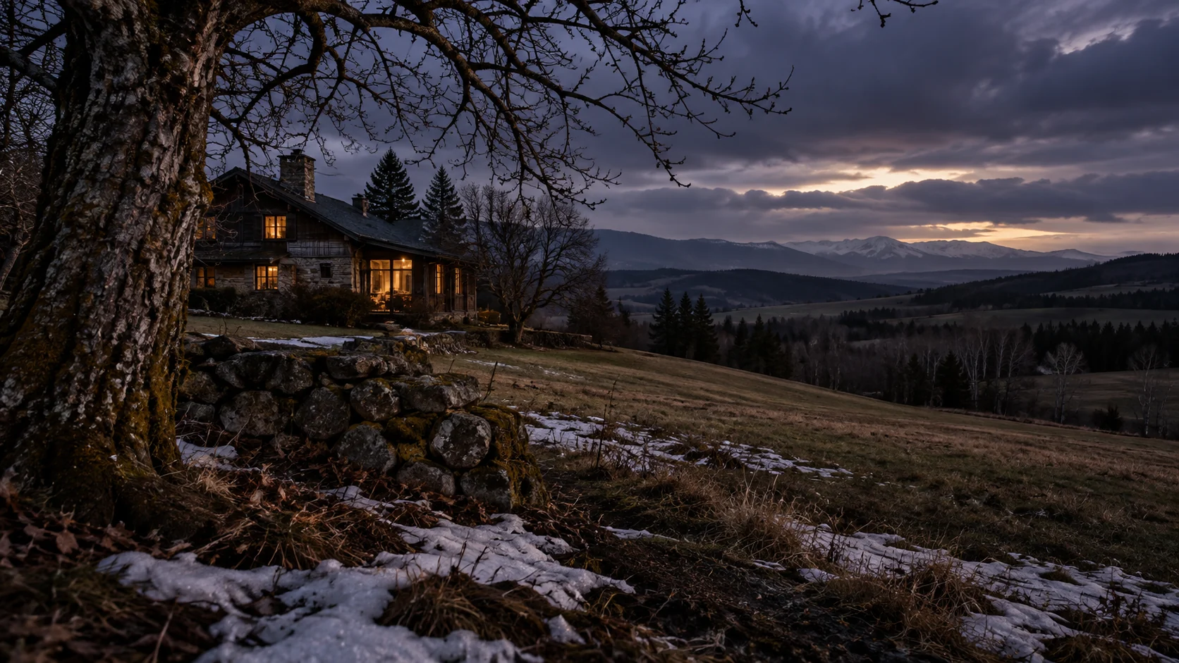 Imagined early-spring Alberta foothill home with a close bare tree and weathered stone wall, patches of thawing snow, rolling meadow and distant blue-grey mountains under evening cloud