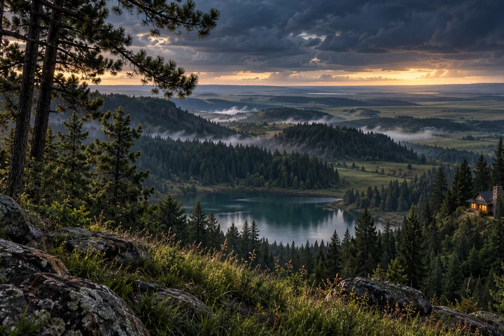 Imagined Cypress Hills upland at dusk, with close pine branches, a sheltered lake, forested ridges and distant open prairie.
