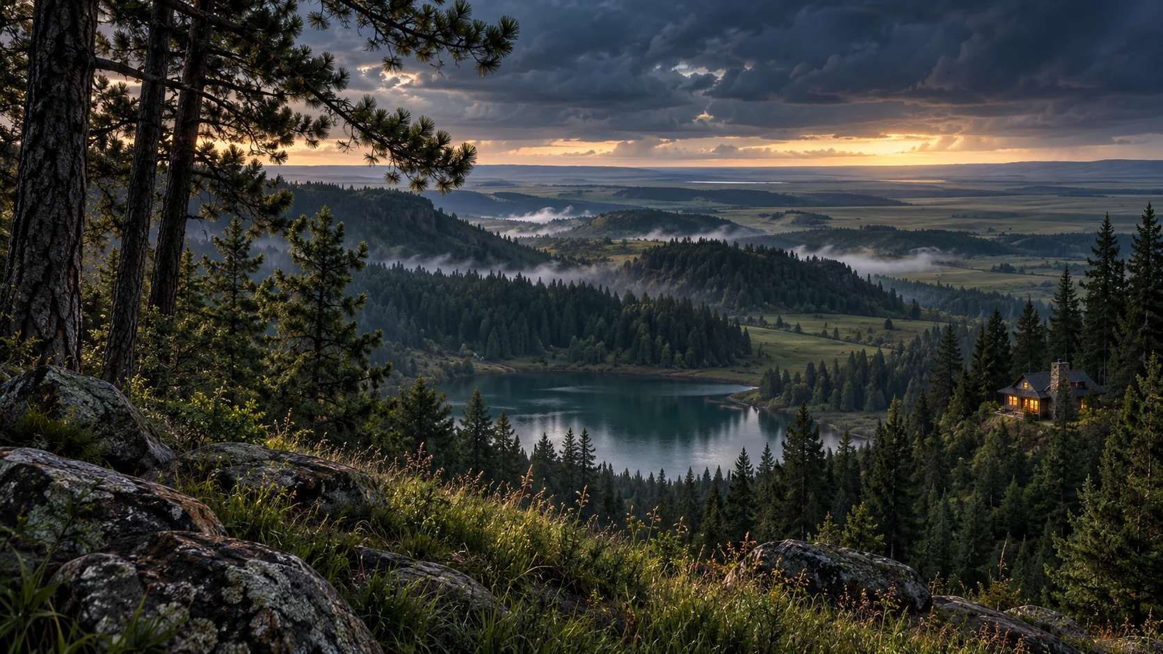 Imagined Cypress Hills upland at dusk, with close pine branches, a sheltered lake, forested ridges and distant open prairie.