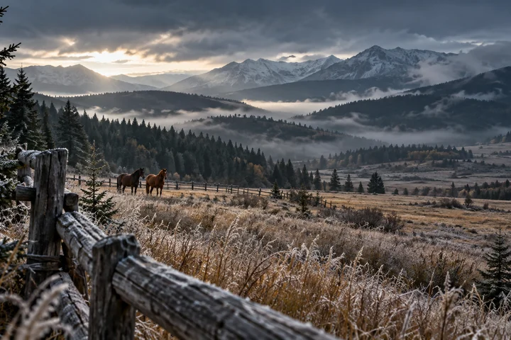 Imagined Alberta horse country: a frosted timber fence and two horses before wooded foothills, morning mist and distant mountains.