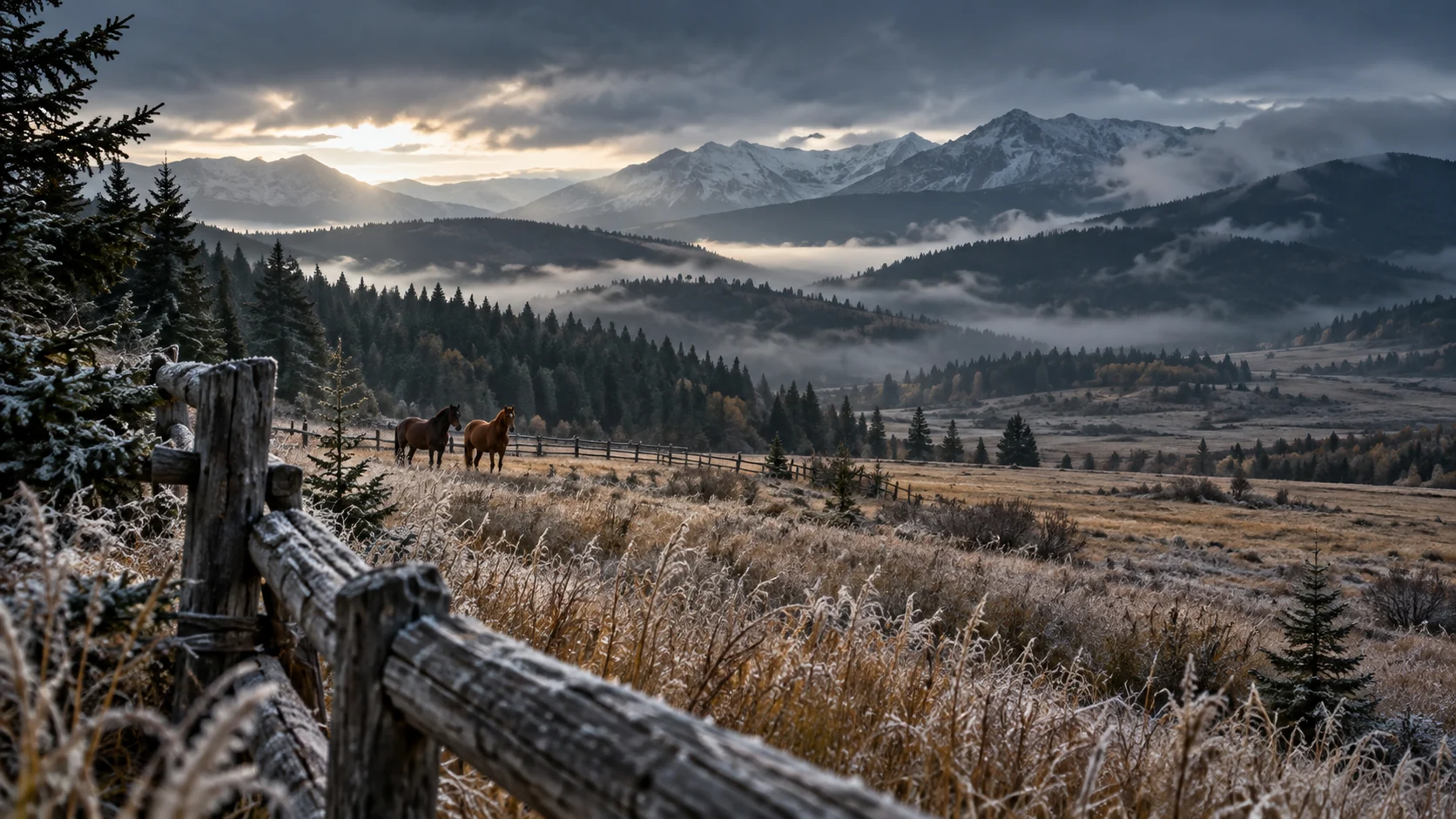 Imagined Alberta horse country: a frosted timber fence and two horses before wooded foothills, morning mist and distant mountains.