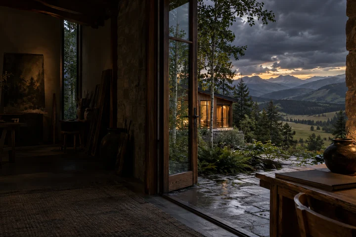 Imagined private foothill artist studio with close limestone doorway, ceramic vessel and amber lamp, a wet terrace, warm timber studio wing and distant layered meadows and mountains