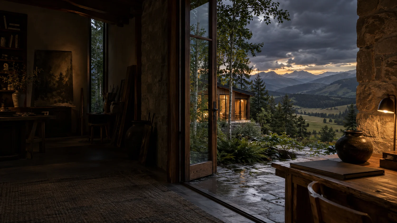 Imagined private foothill artist studio with close limestone doorway, ceramic vessel and amber lamp, a wet terrace, warm timber studio wing and distant layered meadows and mountains