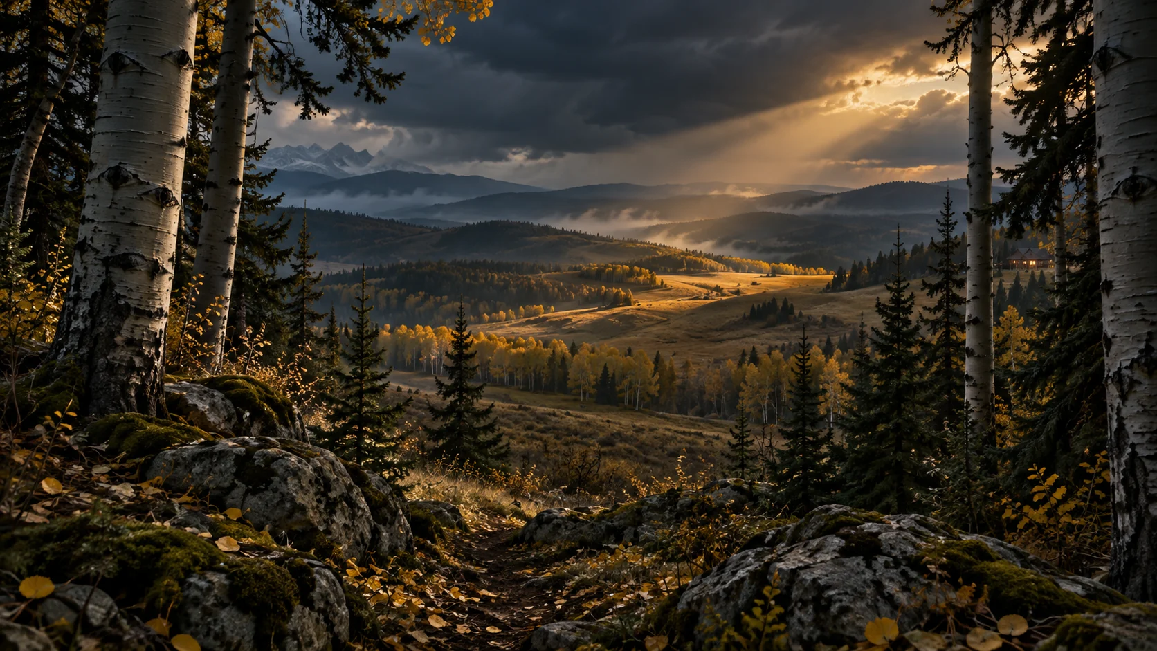 Imagined Alberta foothill woodland opening onto golden meadows, a small warm country house and distant misty mountain ridges