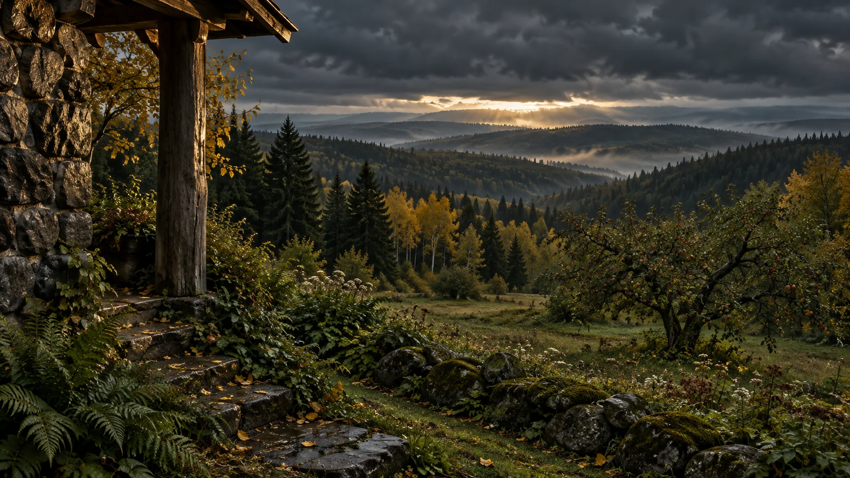 Imagined Alberta heritage-home setting with a close fieldstone wall, aged timber veranda post and fern-lined steps, a sheltered apple tree meadow and many wooded ridges beneath luminous storm clouds.