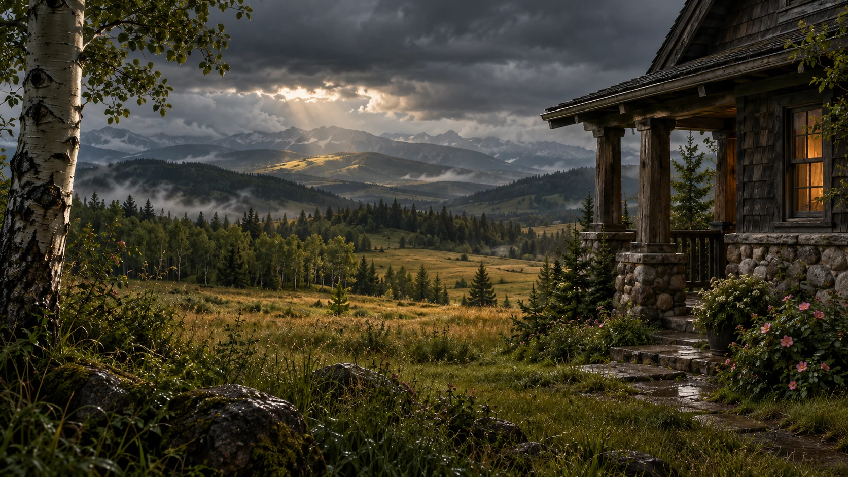 Imagined Alberta country home with a sheltered timber and fieldstone veranda, close aspen and wild roses, meadow and woodland valleys, distant foothills and storm-lit mountains.