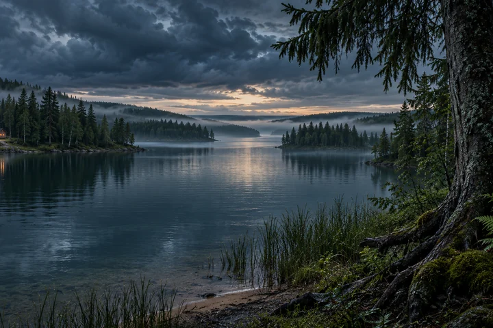 Imagined northeastern Alberta lake country with close spruce and birch, a quiet inlet, overlapping wooded islands and distant forest shores beneath a dark evening sky.