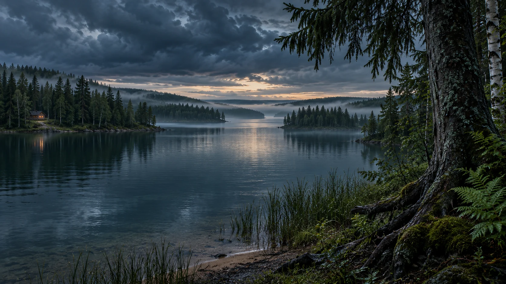Imagined northeastern Alberta lake country with close spruce and birch, a quiet inlet, overlapping wooded islands and distant forest shores beneath a dark evening sky.