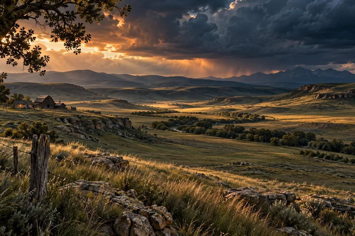 Imagined Alberta ranch-country heritage landscape with small weathered timber buildings, grassland ridges and a dramatic evening sky