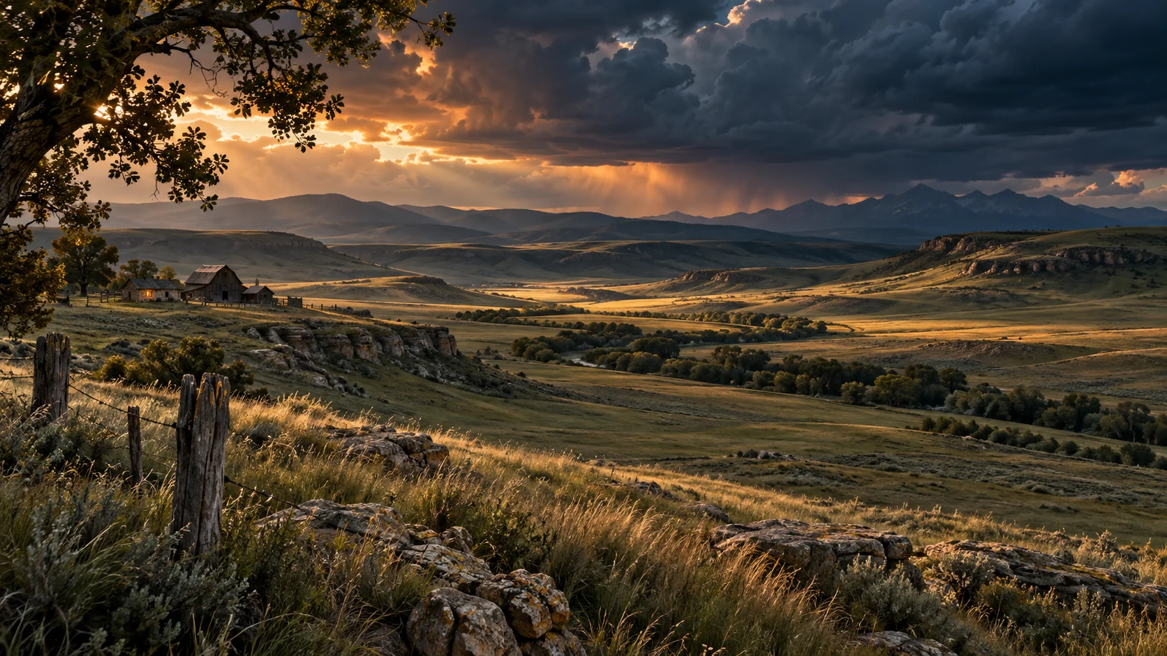 Imagined Alberta ranch-country heritage landscape with small weathered timber buildings, grassland ridges and a dramatic evening sky