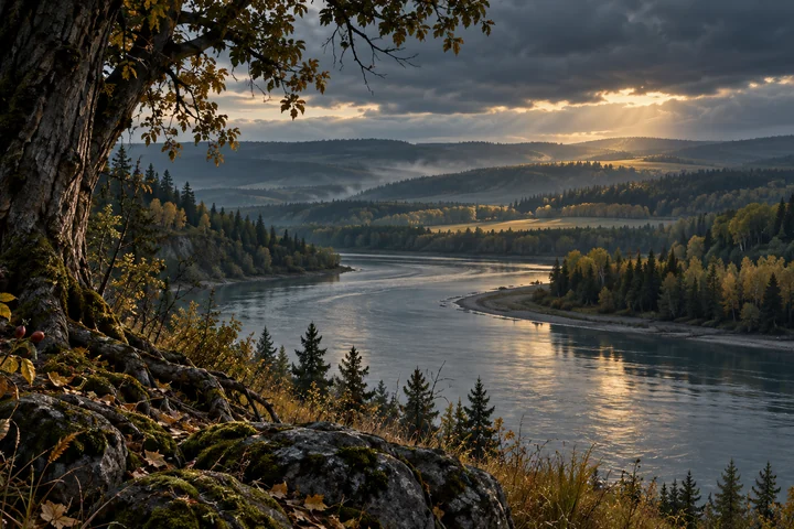 Imagined Alberta river country with close cottonwood roots and autumn leaves, a broad river bend, layered wooded terraces and a small distant home beneath a dark sky.