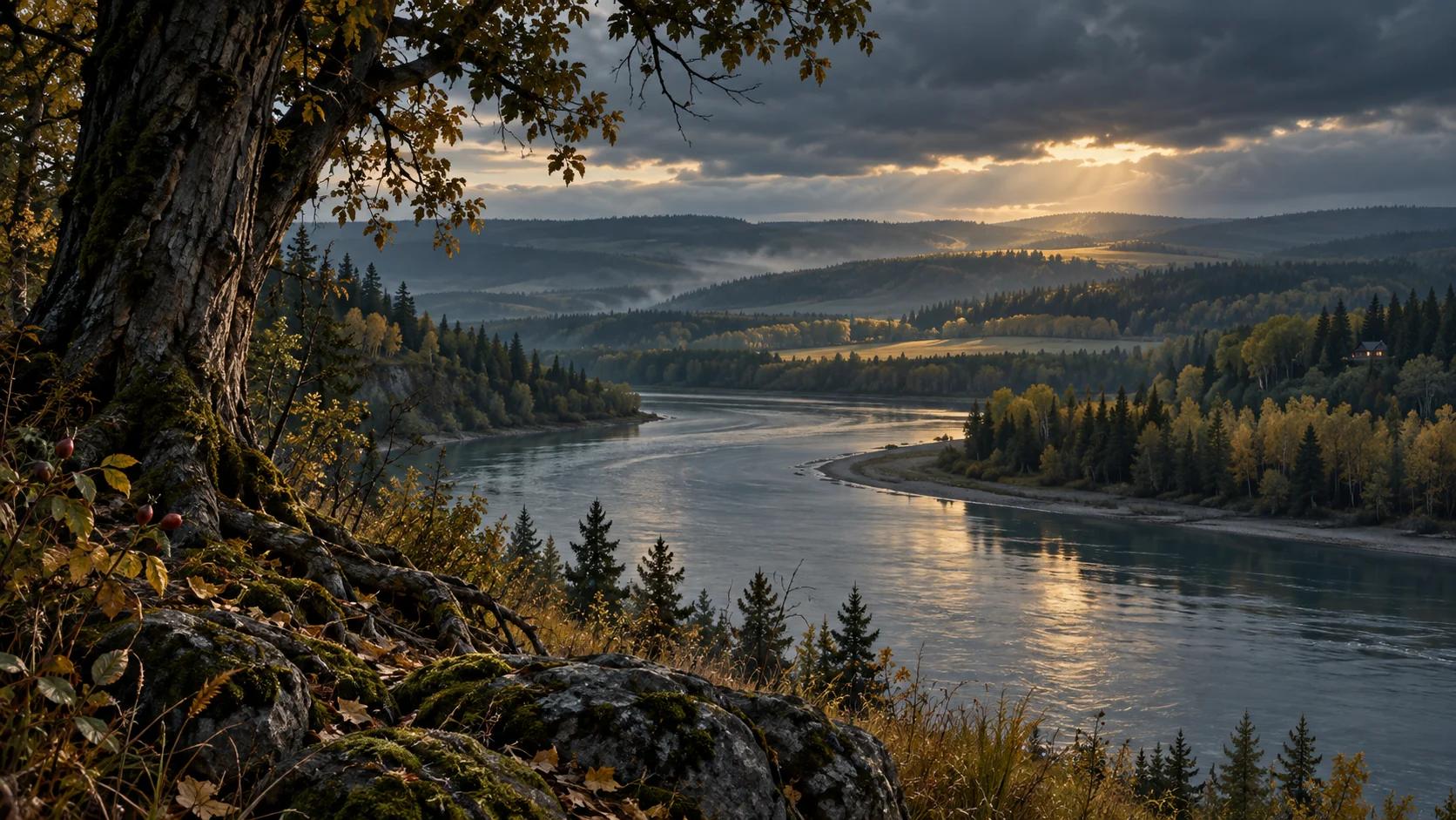 Imagined Alberta river country with close cottonwood roots and autumn leaves, a broad river bend, layered wooded terraces and a small distant home beneath a dark sky.