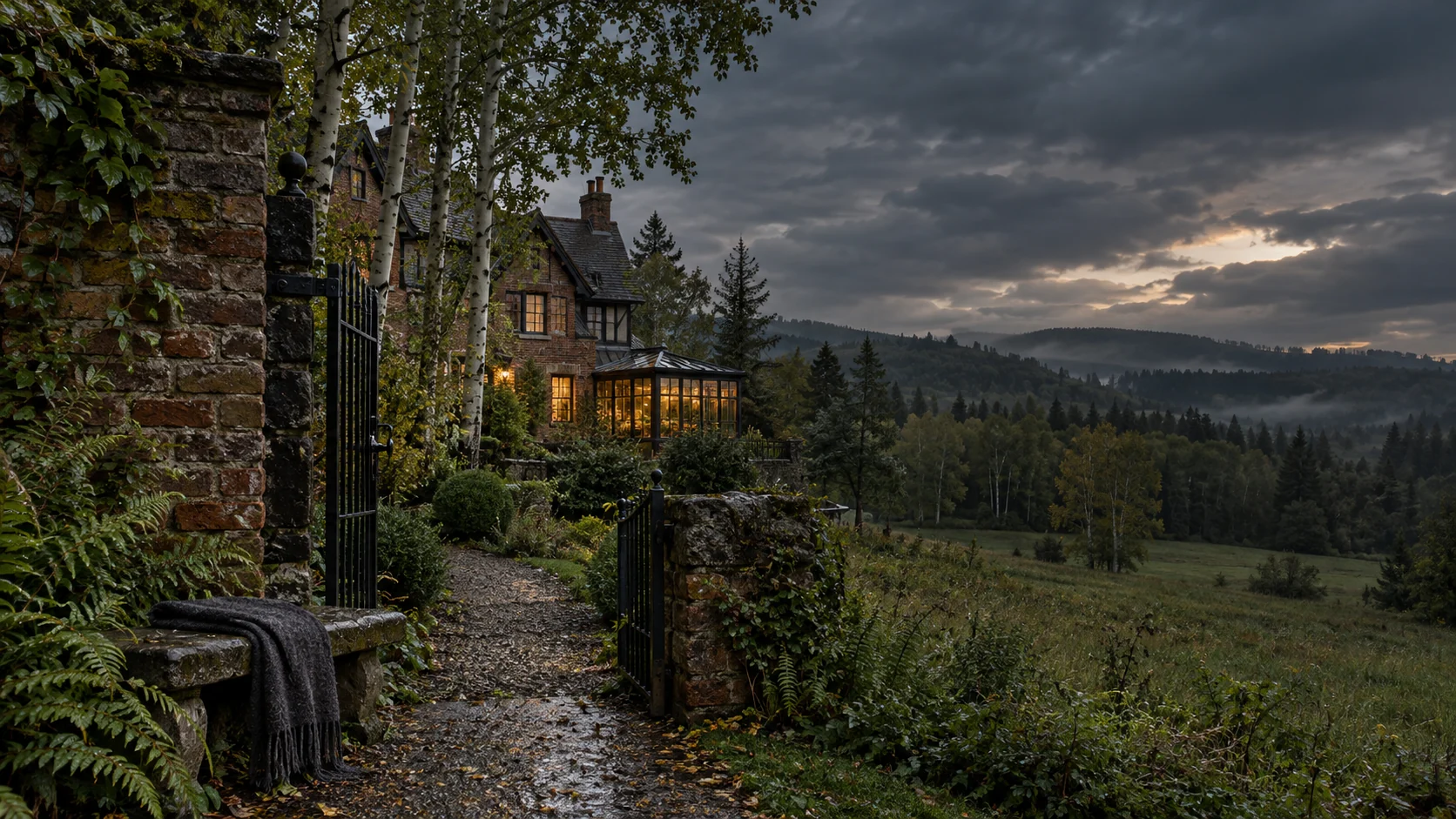 Imagined private Alberta parkland garden with a close rain-dark brick wall, iron gate and stone bench, a warm brick-and-timber home and layered aspen woods and distant parkland ridges