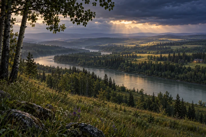 Imagined Alberta Peace Country with close aspen and meadow grass, a broad winding river, wooded terraces, small distant fields and hazy low ridges under storm light.