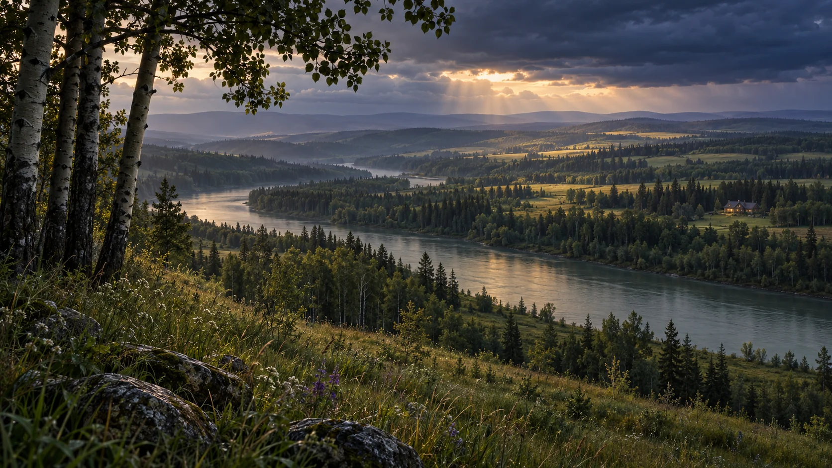 Imagined Alberta Peace Country with close aspen and meadow grass, a broad winding river, wooded terraces, small distant fields and hazy low ridges under storm light.
