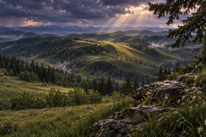 Imagined Porcupine Hills landscape after rain, with a close fir tree and sandstone, overlapping green ridges, woodland hollows and a faint distant mountain horizon.