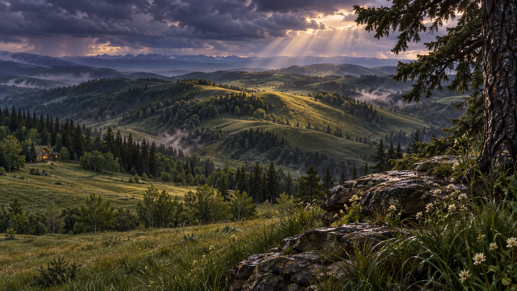 Imagined Porcupine Hills landscape after rain, with a close fir tree and sandstone, overlapping green ridges, woodland hollows and a faint distant mountain horizon.