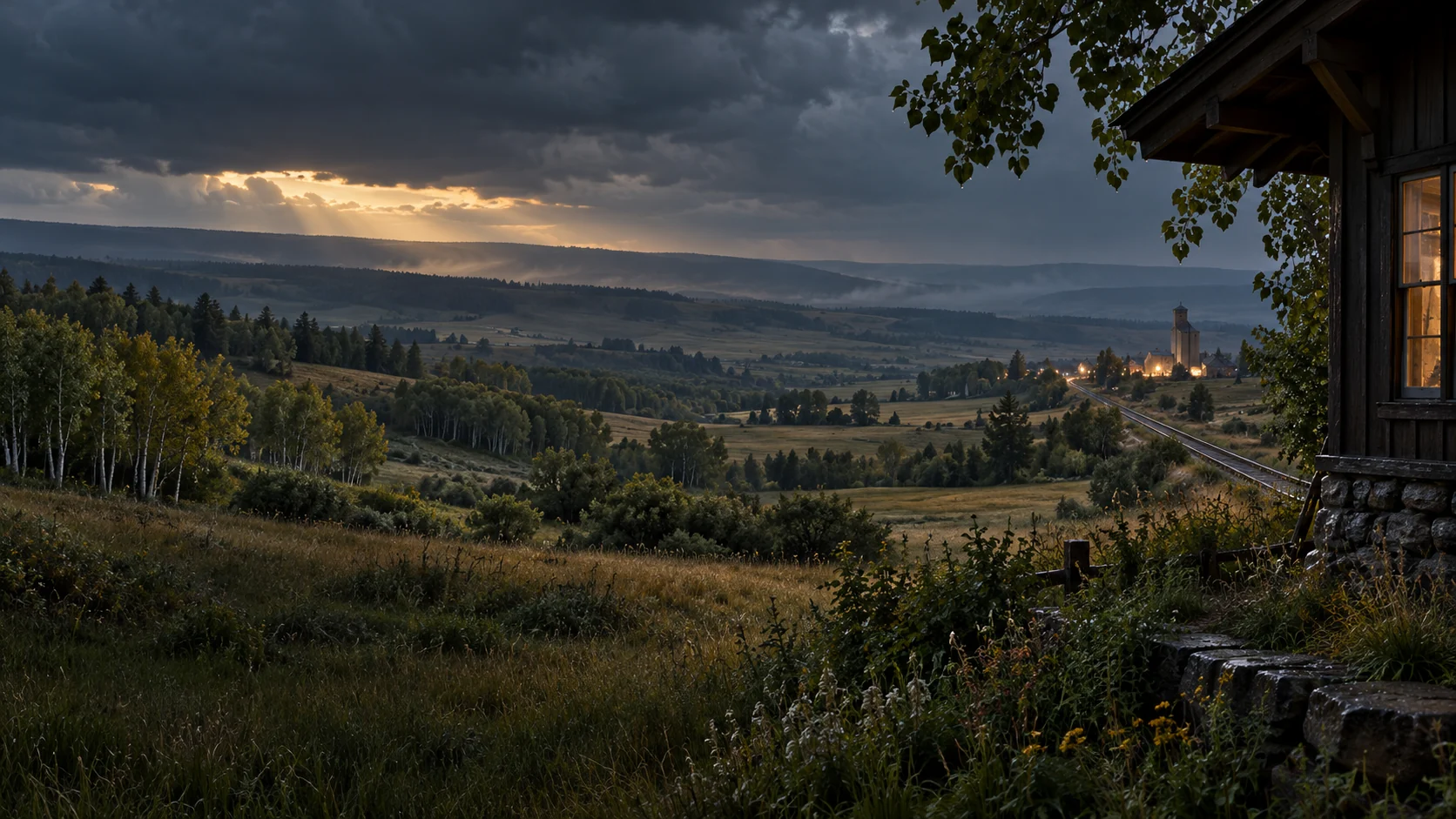 Imagined Alberta railway country framed by a close timber depot eave and cottonwood branch, with prairie meadows, a distant village and elevator, a receding rail corridor and layered storm-lit ridges.