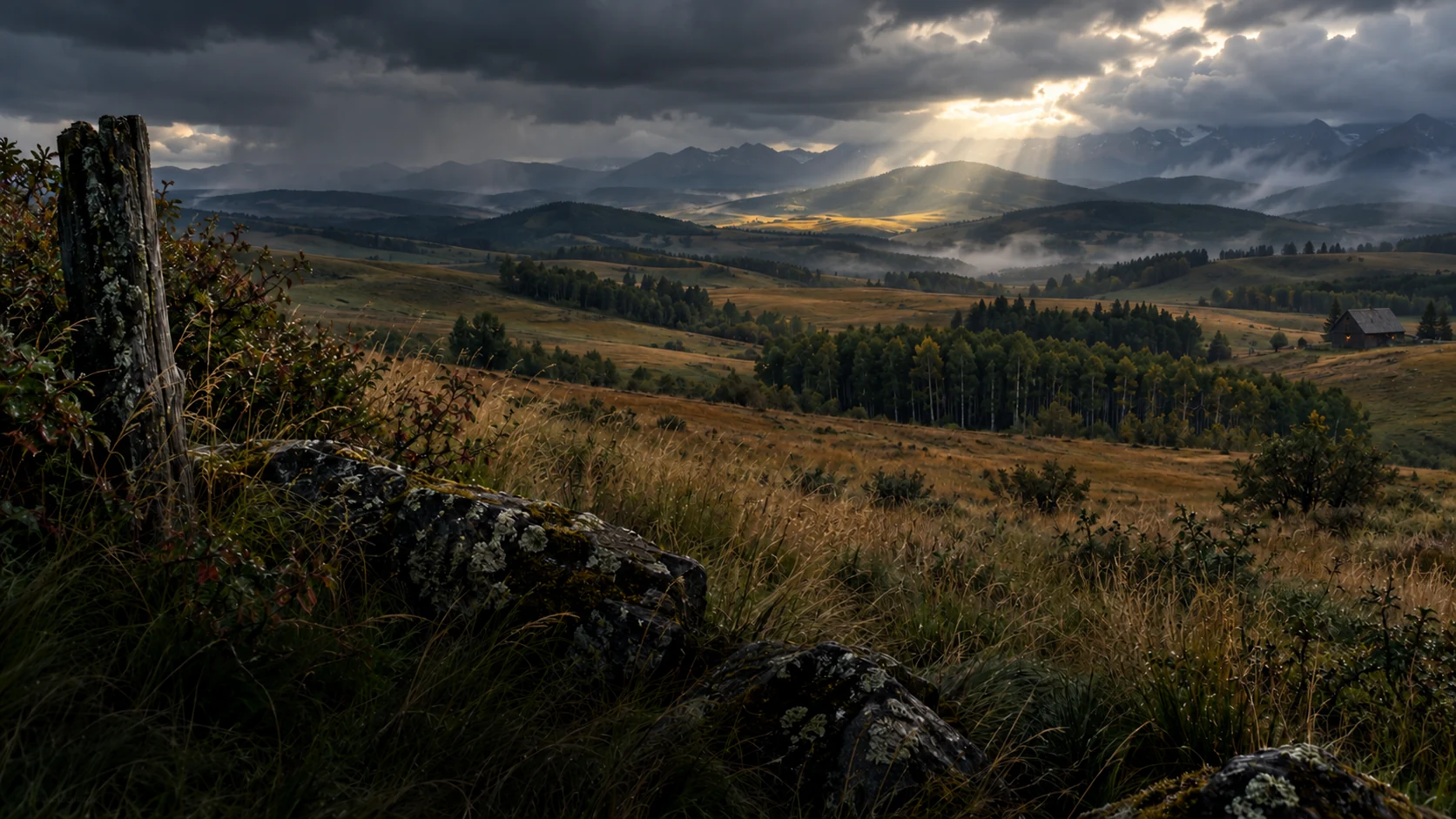 Imagined Alberta foothill ranch country with a close weathered fencepost, fieldstones and grasses, layered aspen valleys, a small distant barn and rain over a far mountain skyline.