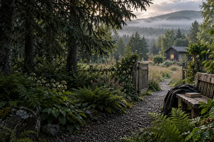 Imagined summer country garden with a close cedar bench and timber gate, wet fern, a curving gravel path, small warm garden studio and misty wooded ridges
