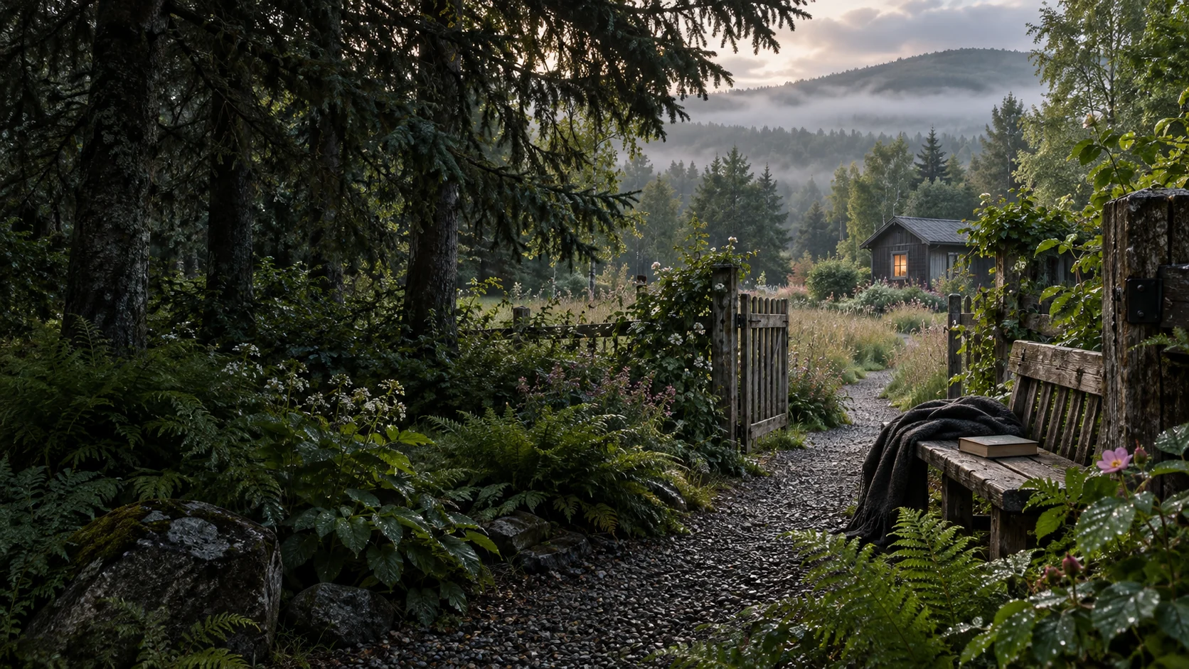Imagined summer country garden with a close cedar bench and timber gate, wet fern, a curving gravel path, small warm garden studio and misty wooded ridges